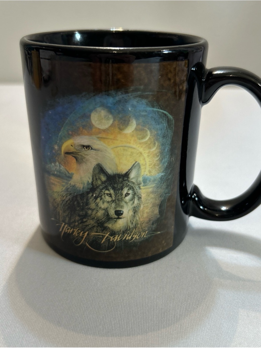 Vintage 2002 Harley-Davidson Black Ceramic Mug with Eagle Wolf and Moon Artwork
